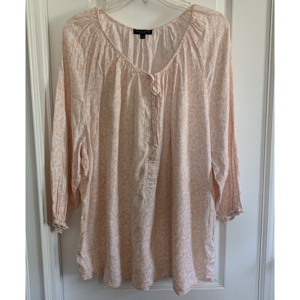 Carole Little Top Womens Sz 3X Peach‎ Floral Peasant Linen Blend 3/4 Sleeve